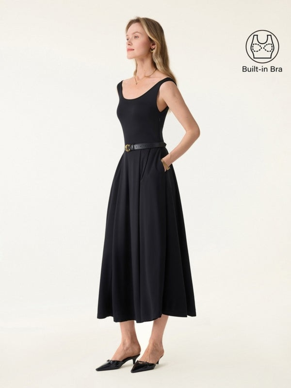 Classic Black Sleeveless A-Line Dress with Built-In Bra - Picture 4 of 11